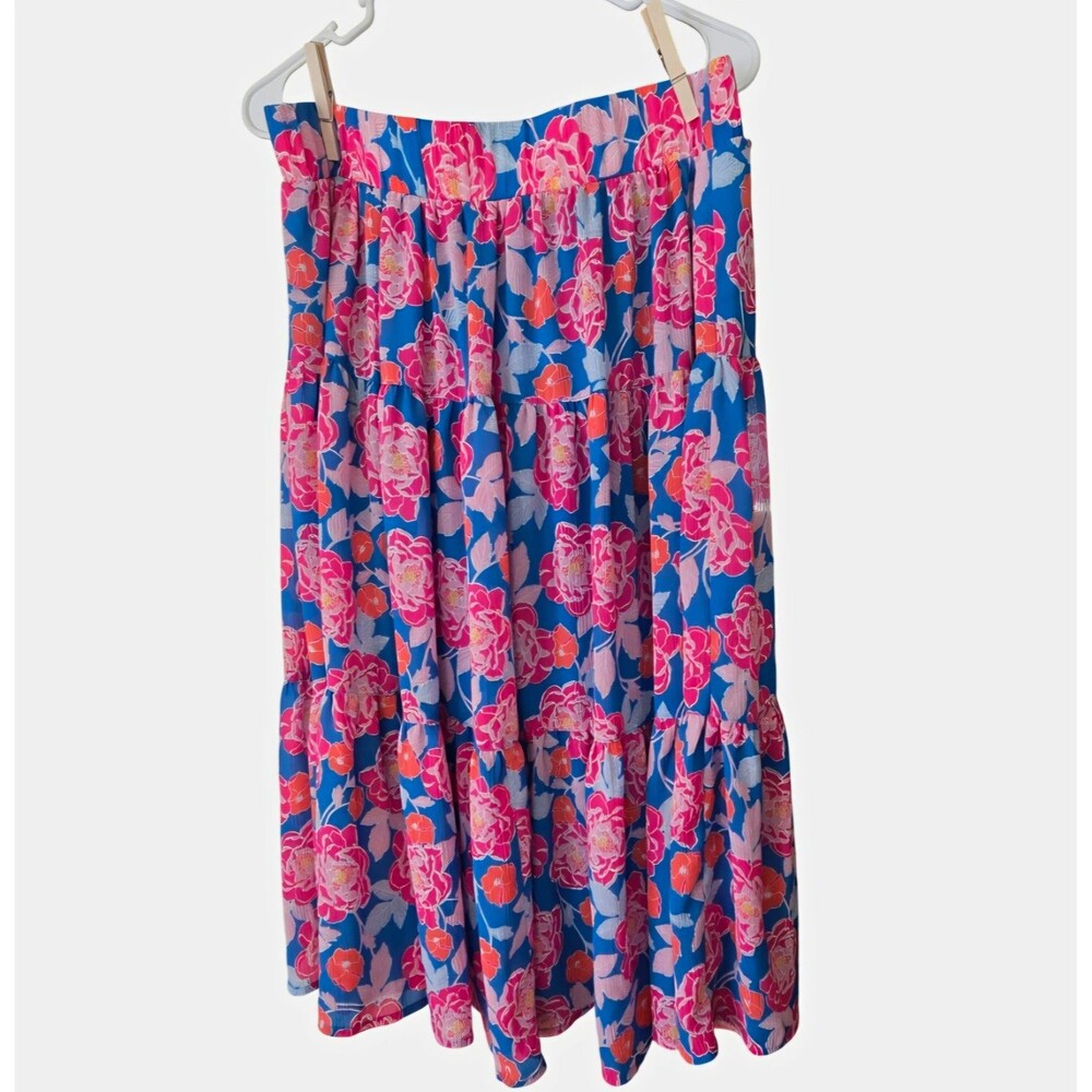 Ruby Rd. Womens Floral Pleated Pull-On Midi Skirt Elastic Waist Blue Pink S